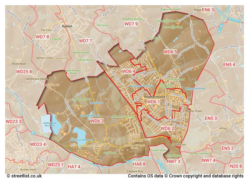 map showing postcode sectors within the WD6 district