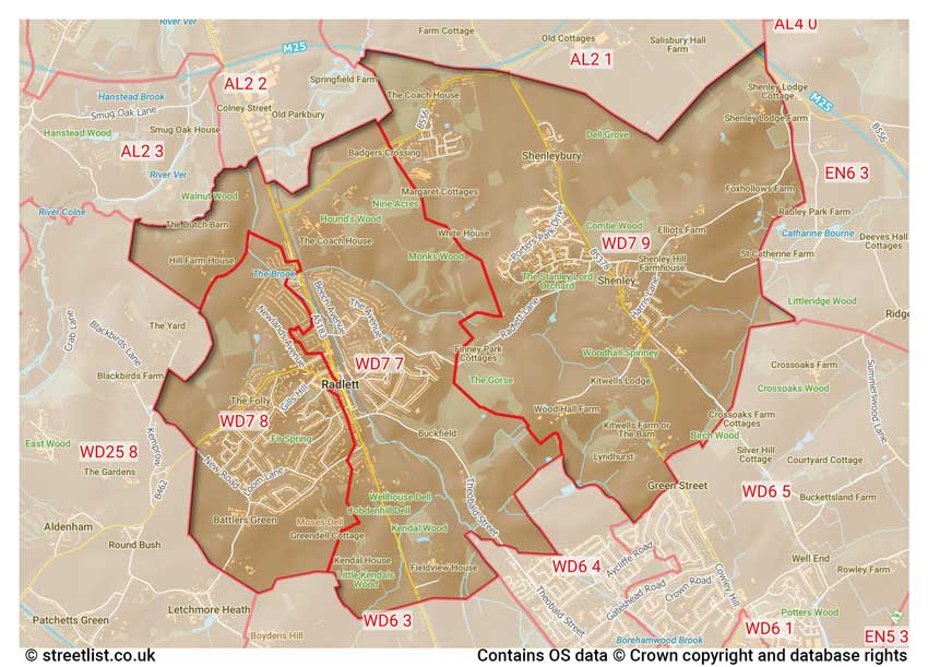 map showing postcode sectors within the WD7 district