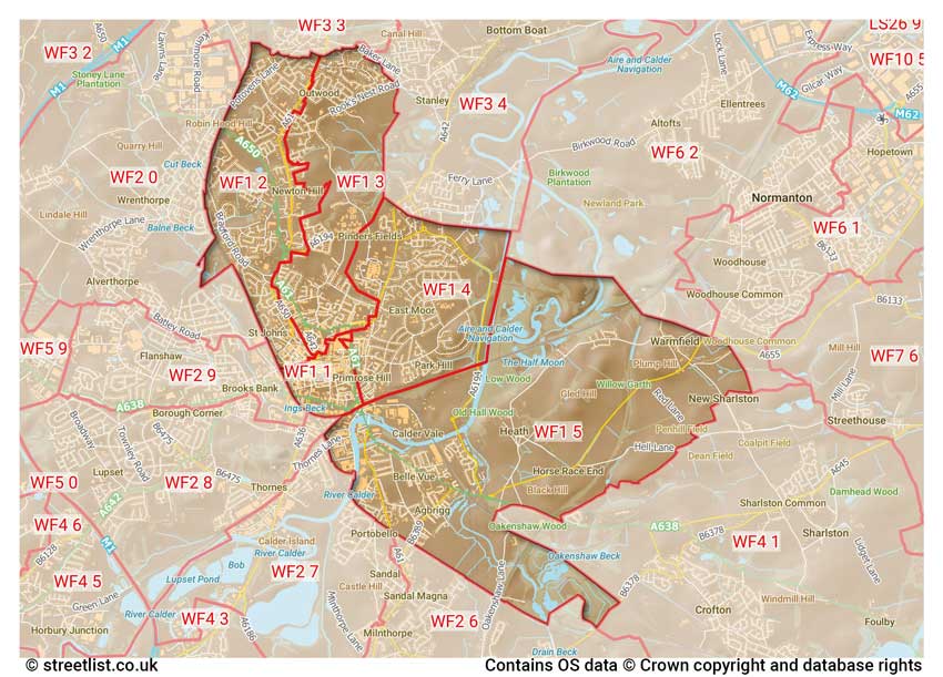 map showing postcode sectors within the WF1 district