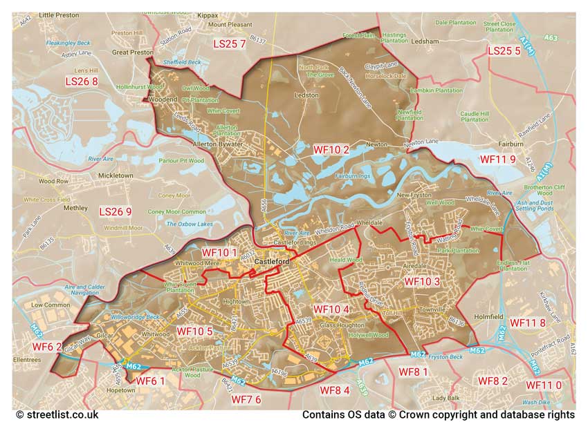 map showing postcode sectors within the WF10 district