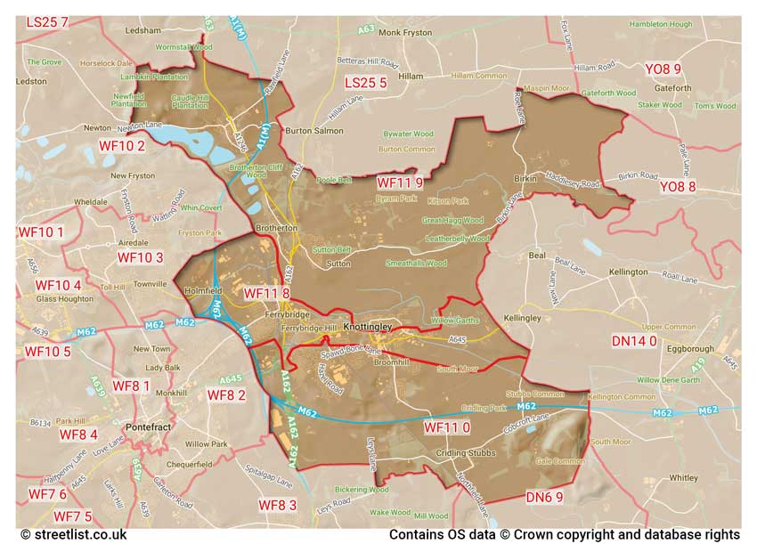 map showing postcode sectors within the WF11 district