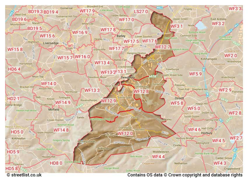 map showing postcode sectors within the WF12 district