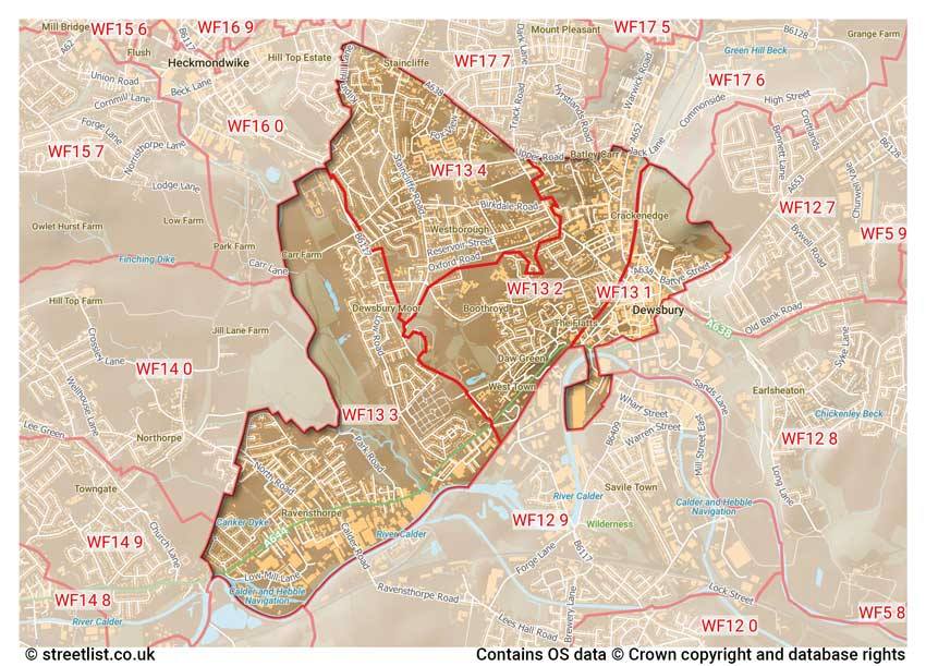 map showing postcode sectors within the WF13 district