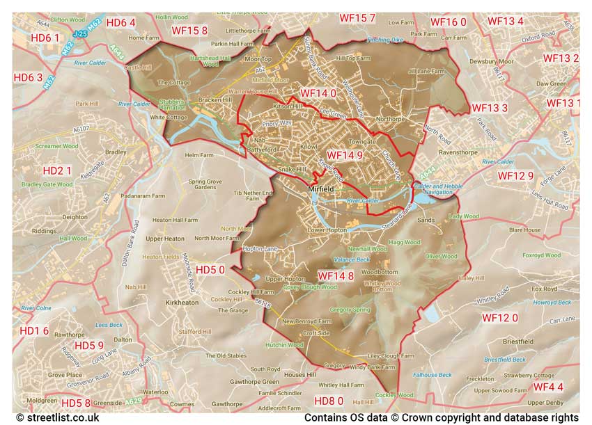 map showing postcode sectors within the WF14 district