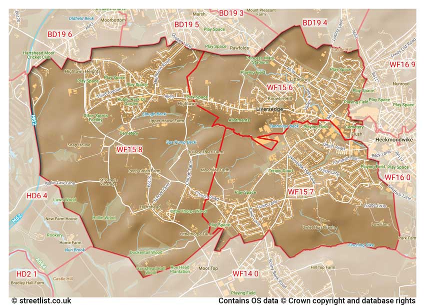 map showing postcode sectors within the WF15 district