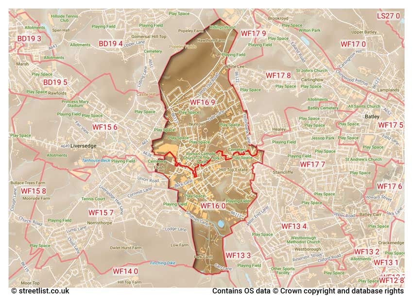 map showing postcode sectors within the WF16 district