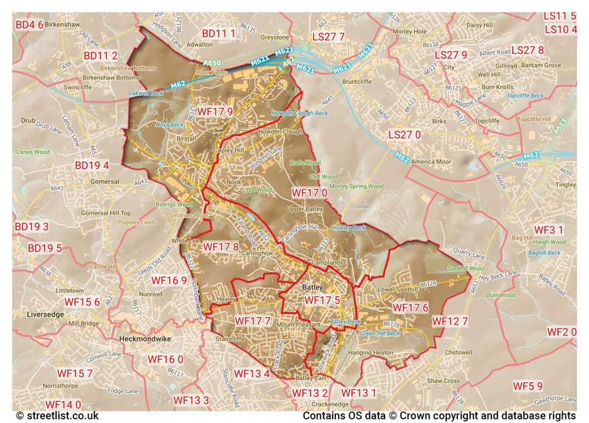 map showing postcode sectors within the WF17 district