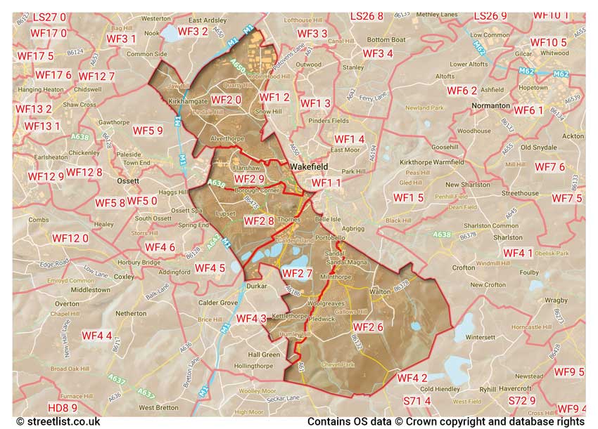 map showing postcode sectors within the WF2 district