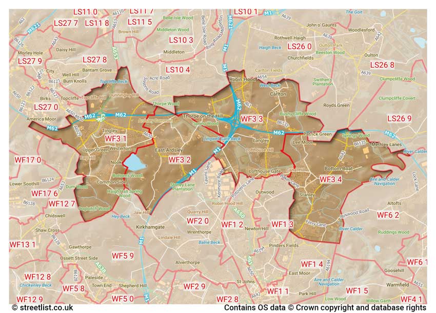 map showing postcode sectors within the WF3 district