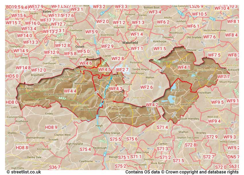 map showing postcode sectors within the WF4 district