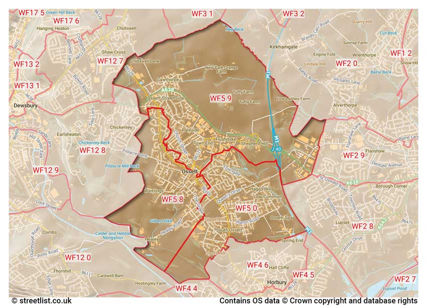 map showing postcode sectors within the WF5 district