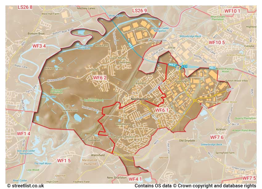 map showing postcode sectors within the WF6 district