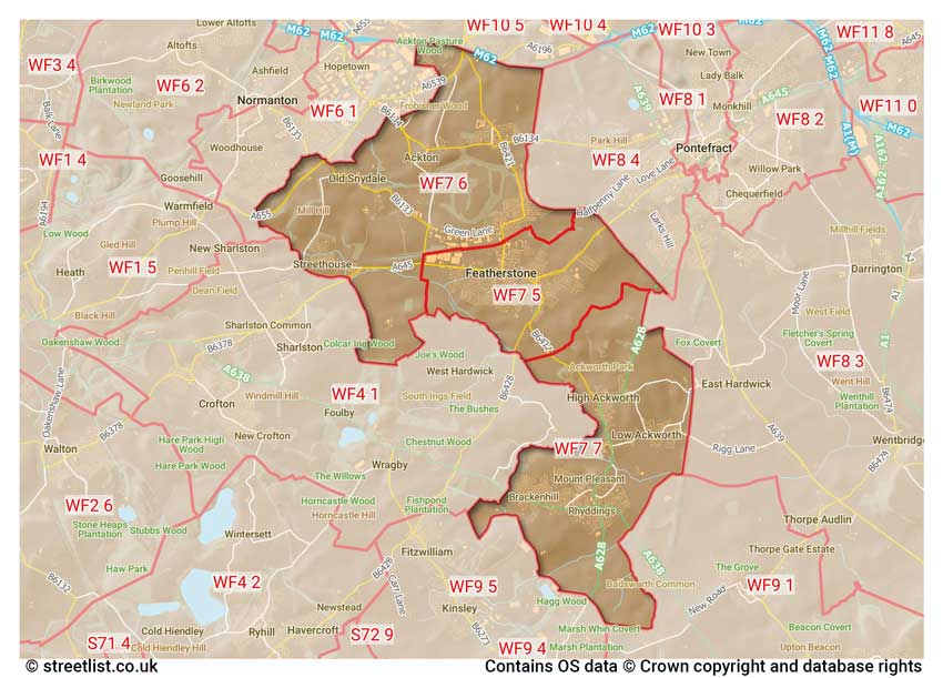 map showing postcode sectors within the WF7 district