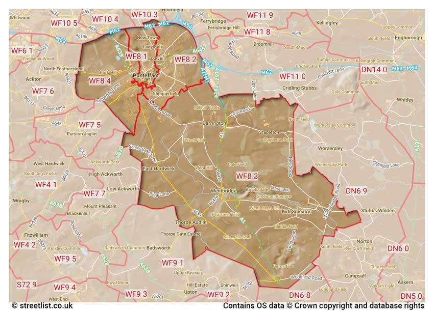 map showing postcode sectors within the WF8 district