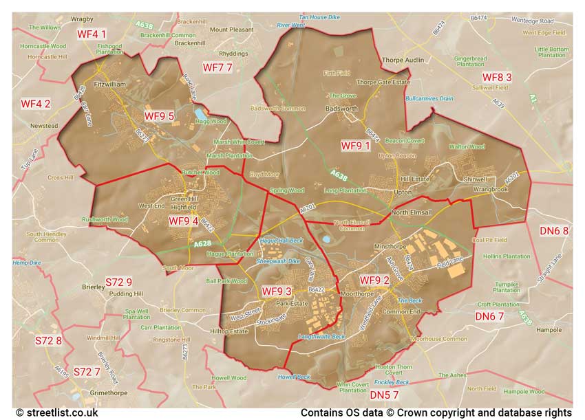 map showing postcode sectors within the WF9 district