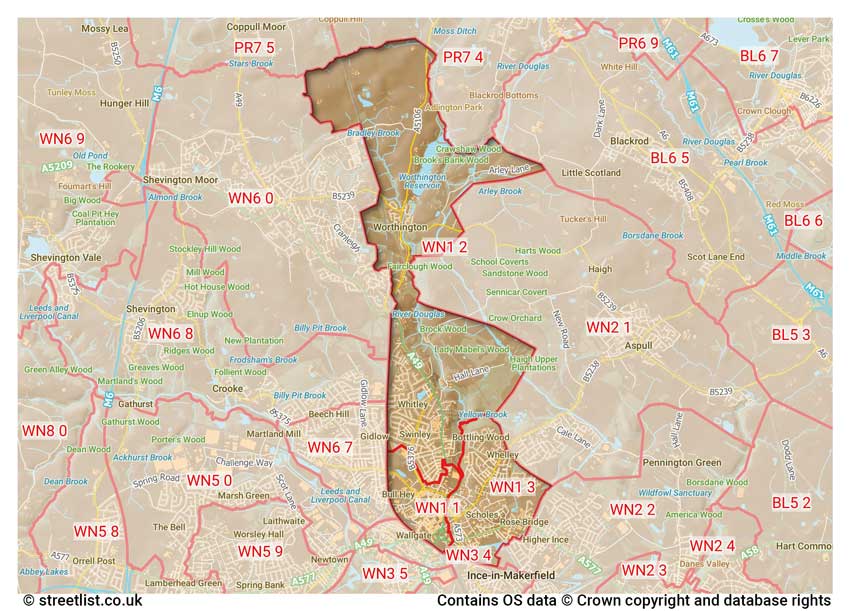 map showing postcode sectors within the WN1 district