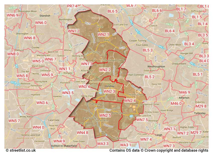 map showing postcode sectors within the WN2 district