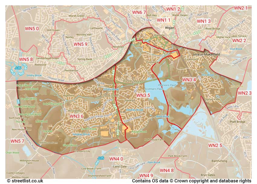 map showing postcode sectors within the WN3 district