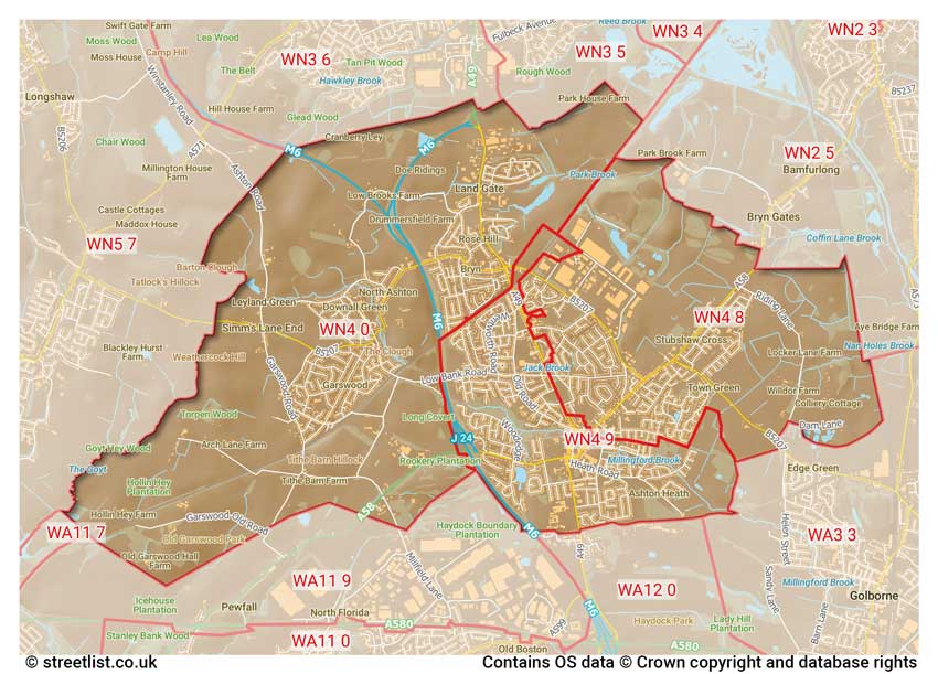 map showing postcode sectors within the WN4 district