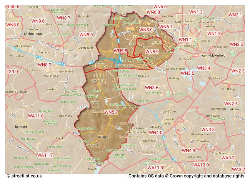 map showing postcode sectors within the WN5 district