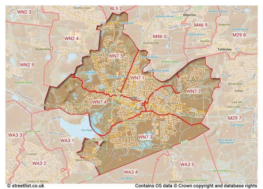 map showing postcode sectors within the WN7 district