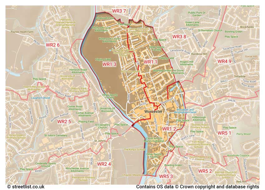 map showing postcode sectors within the WR1 district