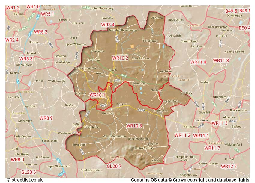 map showing postcode sectors within the WR10 district