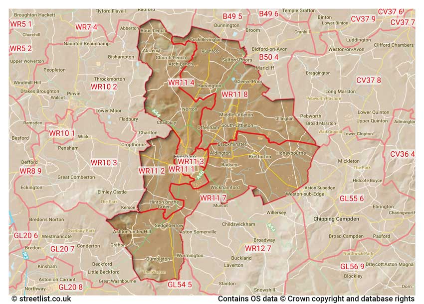 map showing postcode sectors within the WR11 district