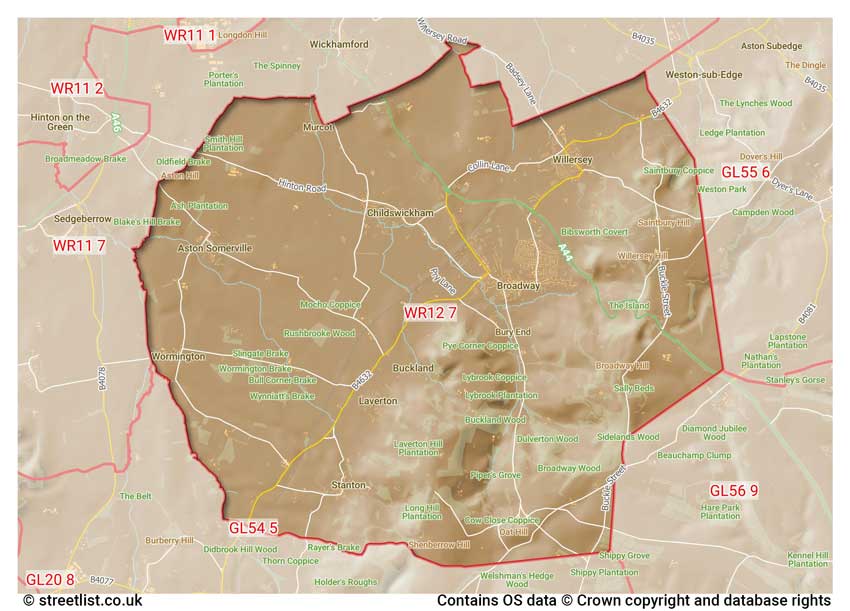 map showing postcode sectors within the WR12 district