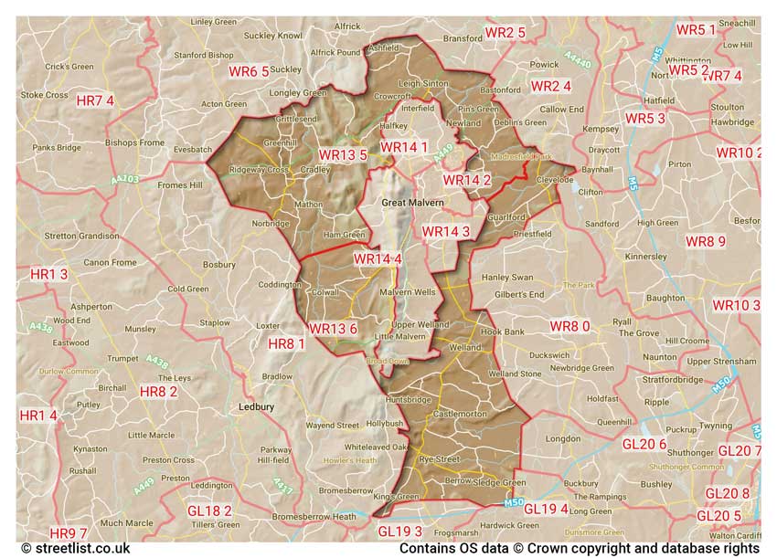 map showing postcode sectors within the WR13 district