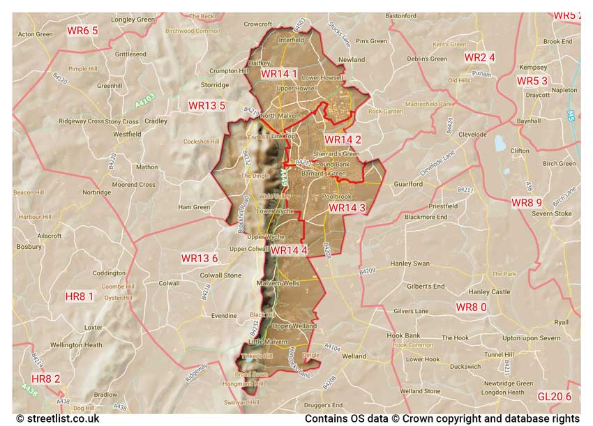 map showing postcode sectors within the WR14 district