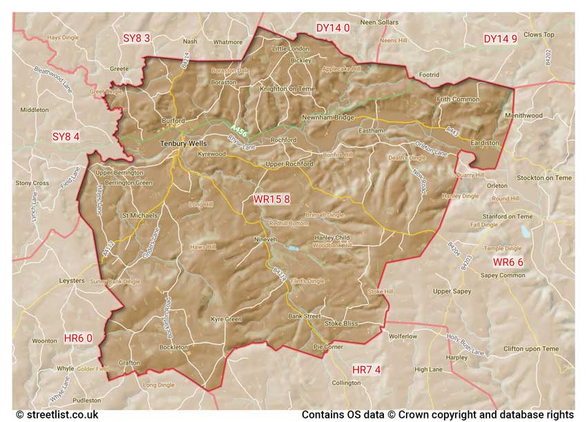 map showing postcode sectors within the WR15 district