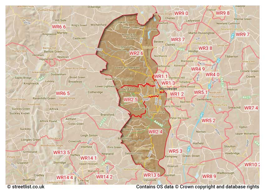 map showing postcode sectors within the WR2 district