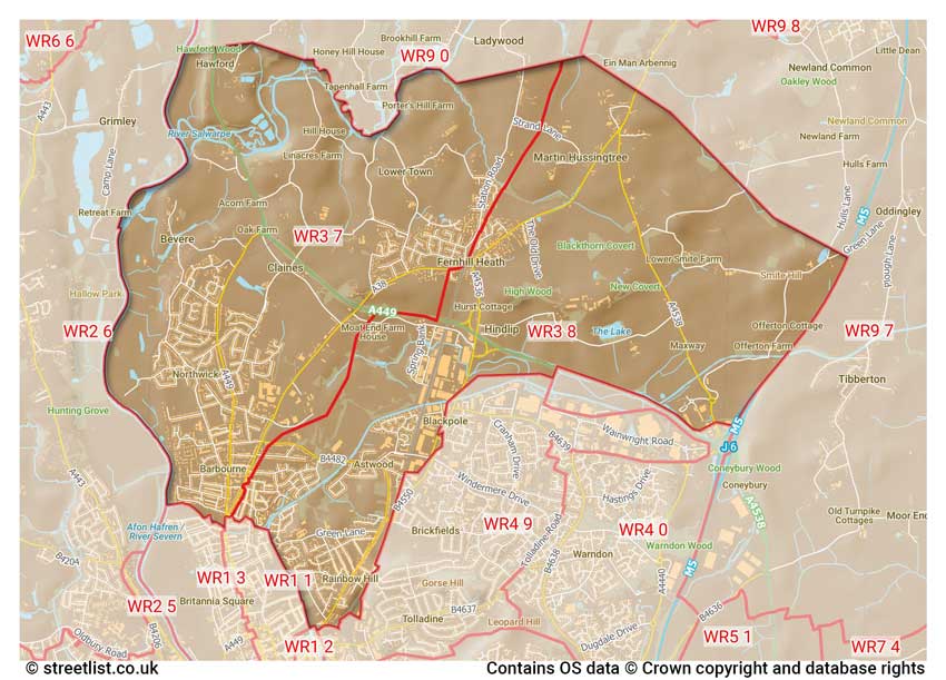 map showing postcode sectors within the WR3 district