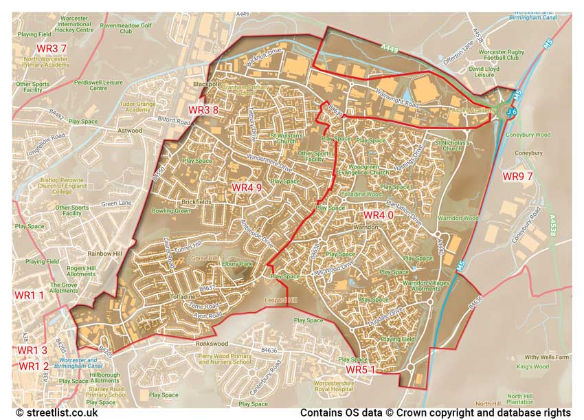 map showing postcode sectors within the WR4 district