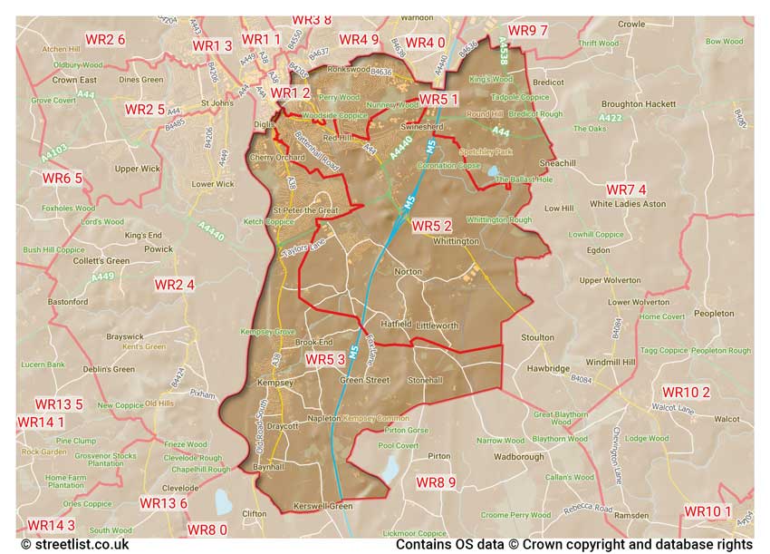 map showing postcode sectors within the WR5 district