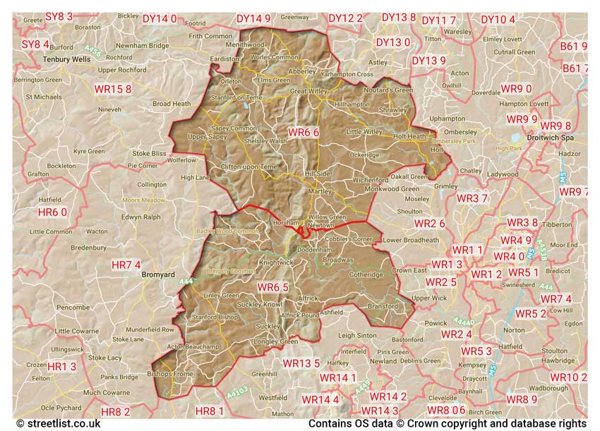 map showing postcode sectors within the WR6 district