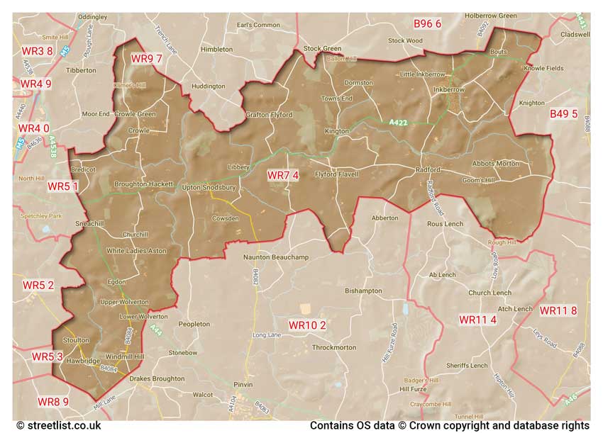 map showing postcode sectors within the WR7 district