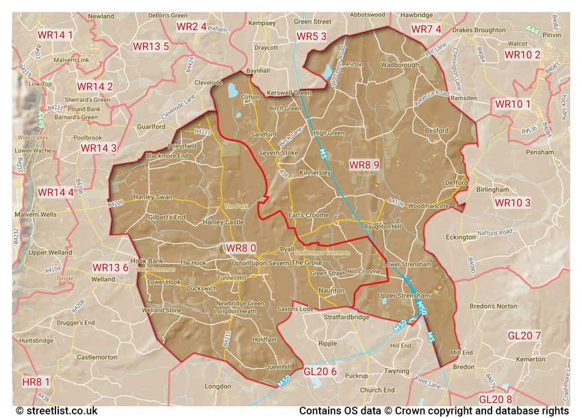 map showing postcode sectors within the WR8 district