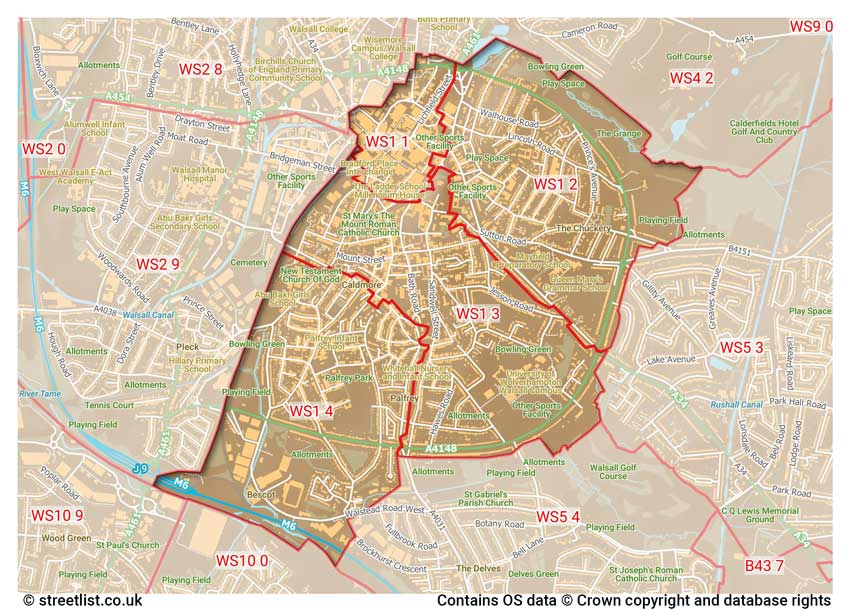 map showing postcode sectors within the WS1 district