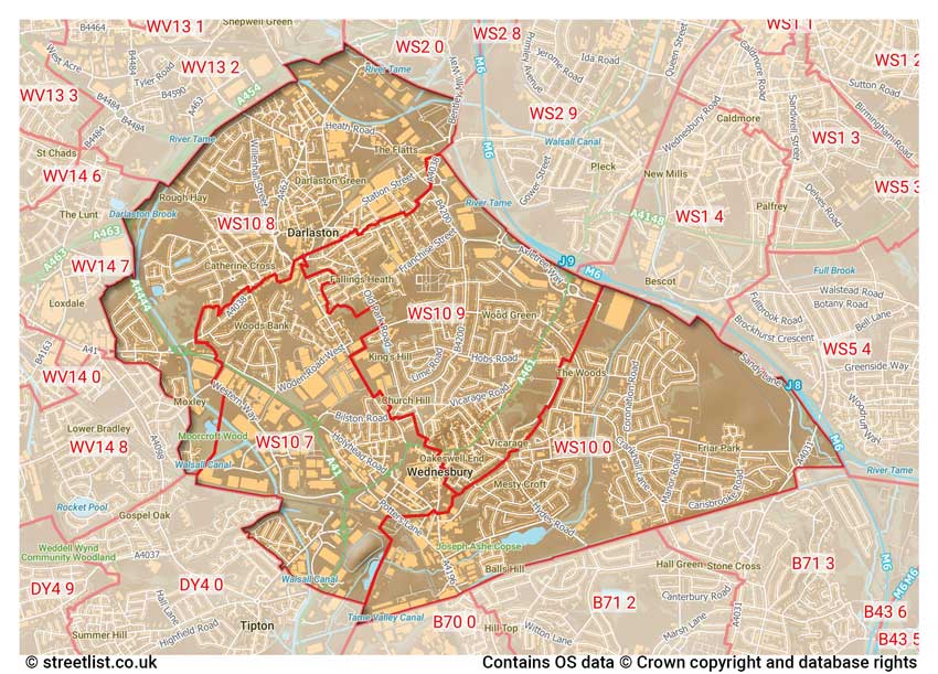 map showing postcode sectors within the WS10 district