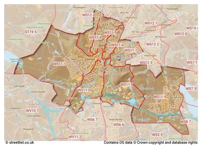 map showing postcode sectors within the WS11 district