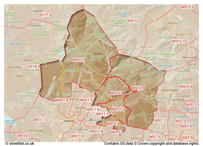 map showing postcode sectors within the WS12 district