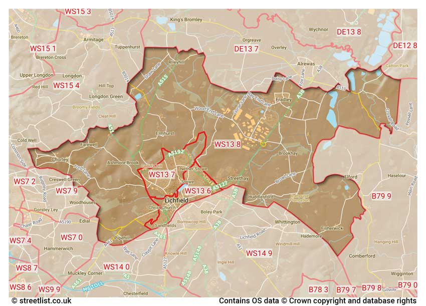 map showing postcode sectors within the WS13 district