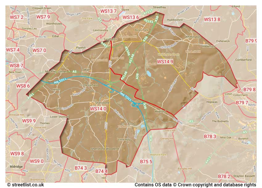 map showing postcode sectors within the WS14 district