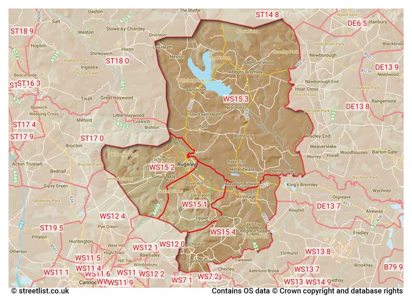 map showing postcode sectors within the WS15 district