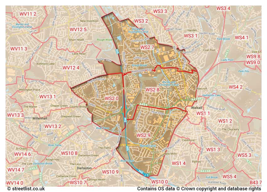 map showing postcode sectors within the WS2 district