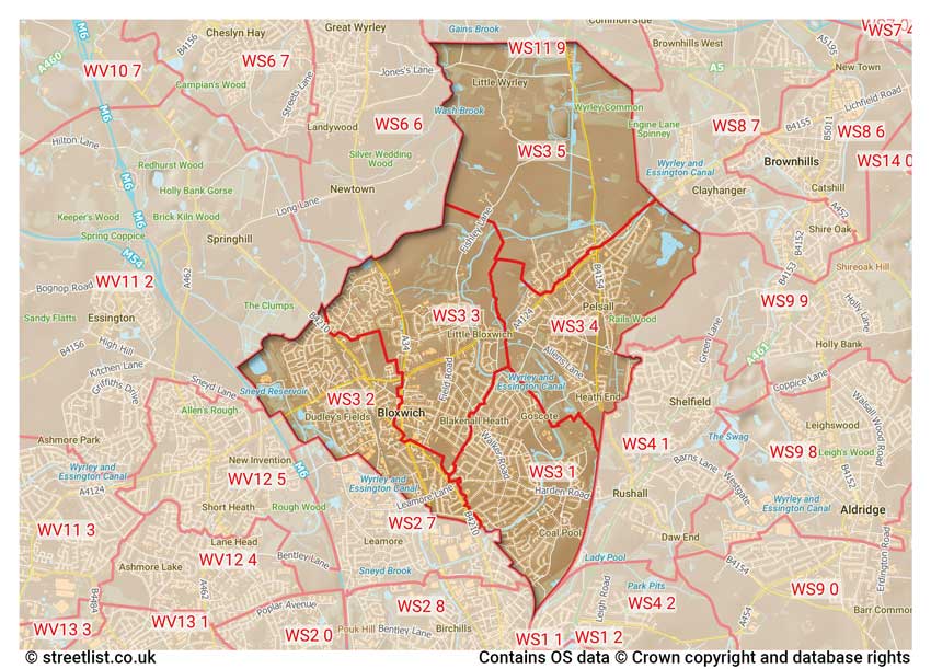 map showing postcode sectors within the WS3 district