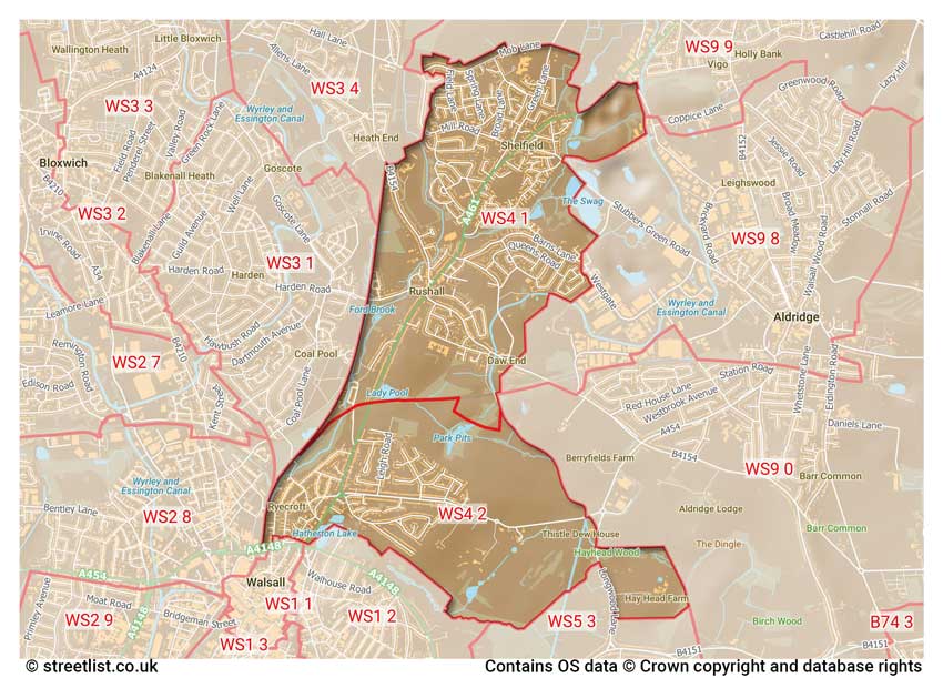 map showing postcode sectors within the WS4 district