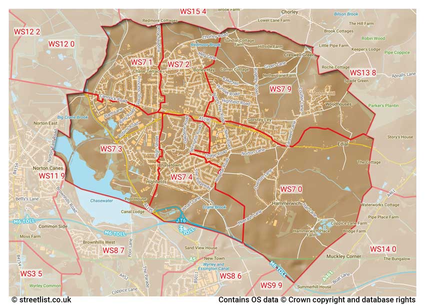 map showing postcode sectors within the WS7 district